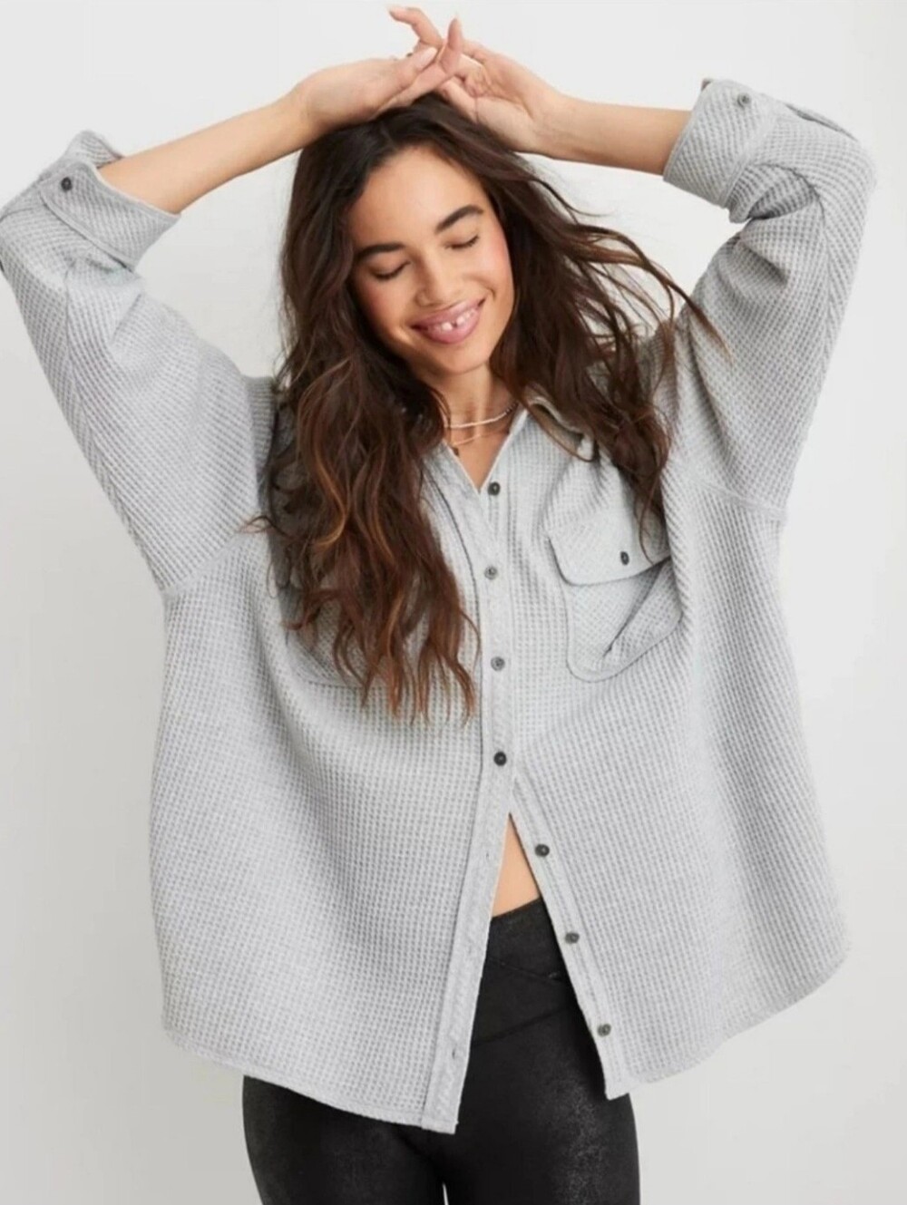 AERIE Lumberjane Oversized Waffle Knit Button Up Women's XL Pockets Slouchy Gray